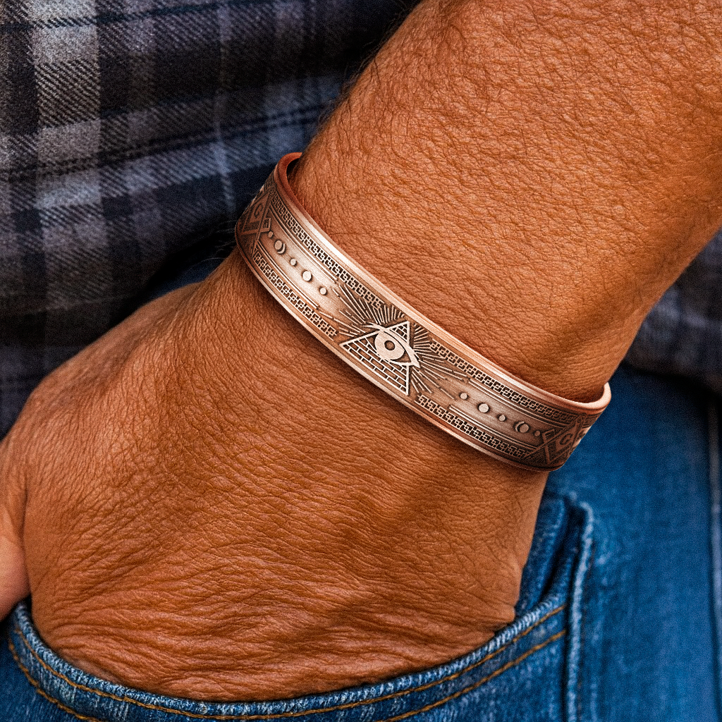Close-up of pure copper Masonic bracelet showing sun, moon, and star engravings
