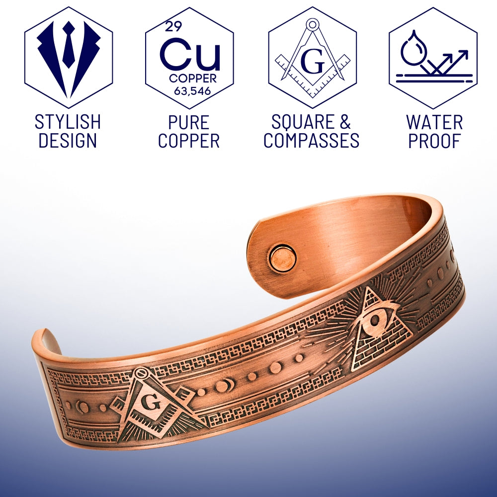 Antique copper Masonic bangle with two magnets and symbolic engraving