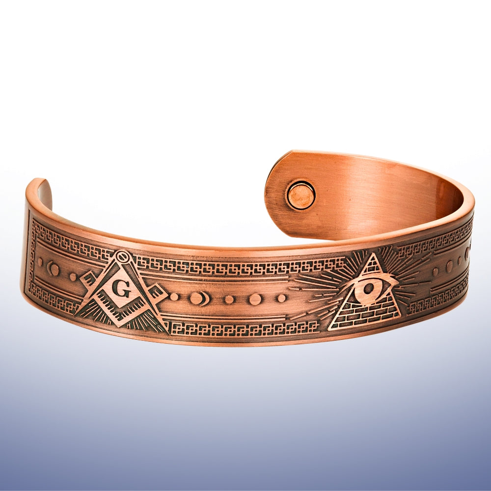 Copper Masonic bangle engraved with All-Seeing Eye and Square & Compasses design