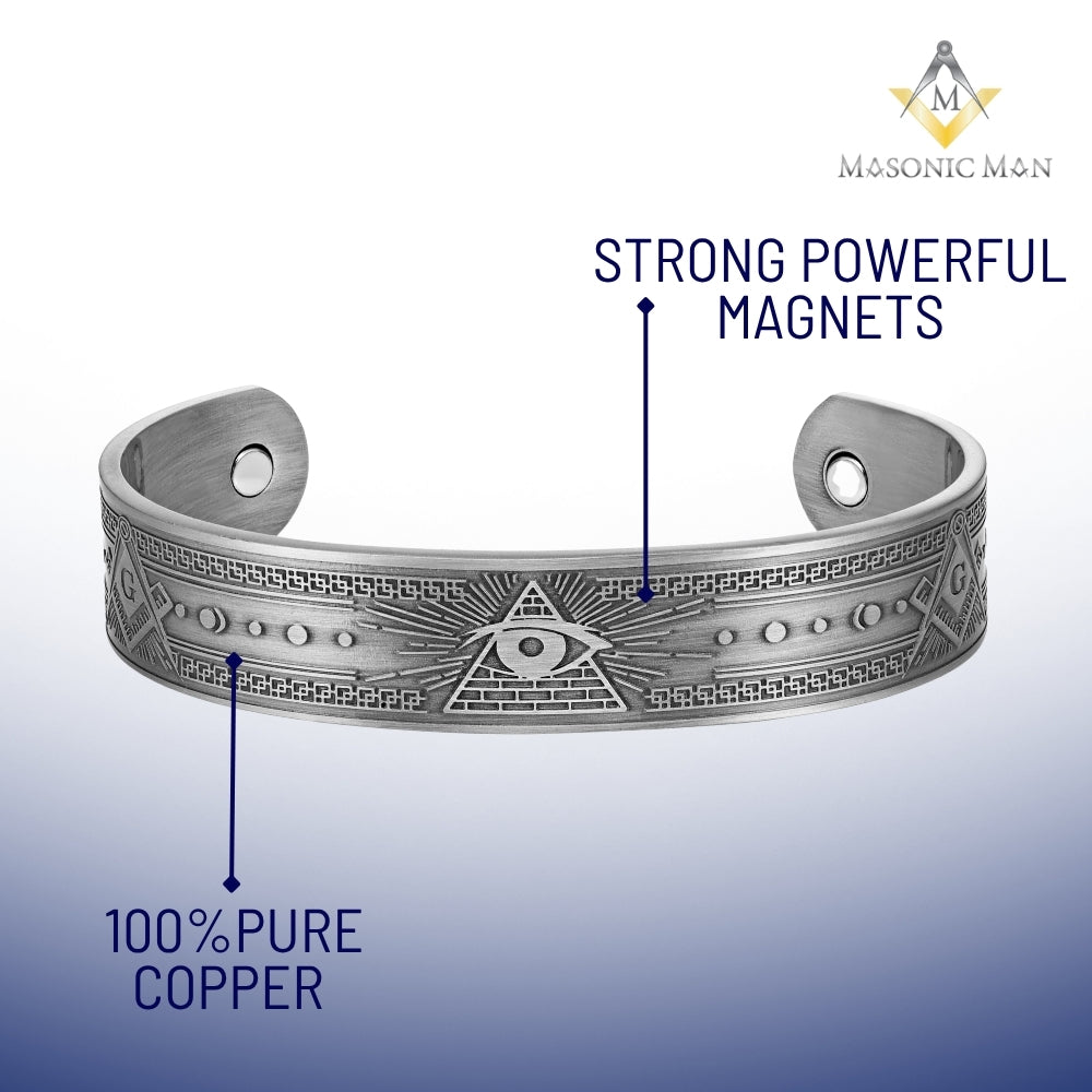 Side view of silver Masonic magnetic bracelet with detailed All-Seeing Eye design
