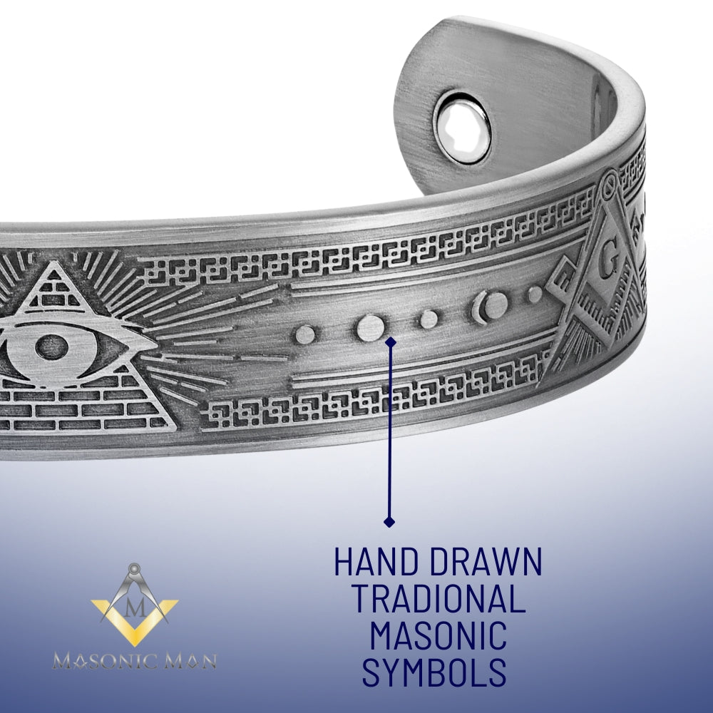 Pure copper Masonic bangle in silver tone with 12 magnets and symbolic engraving