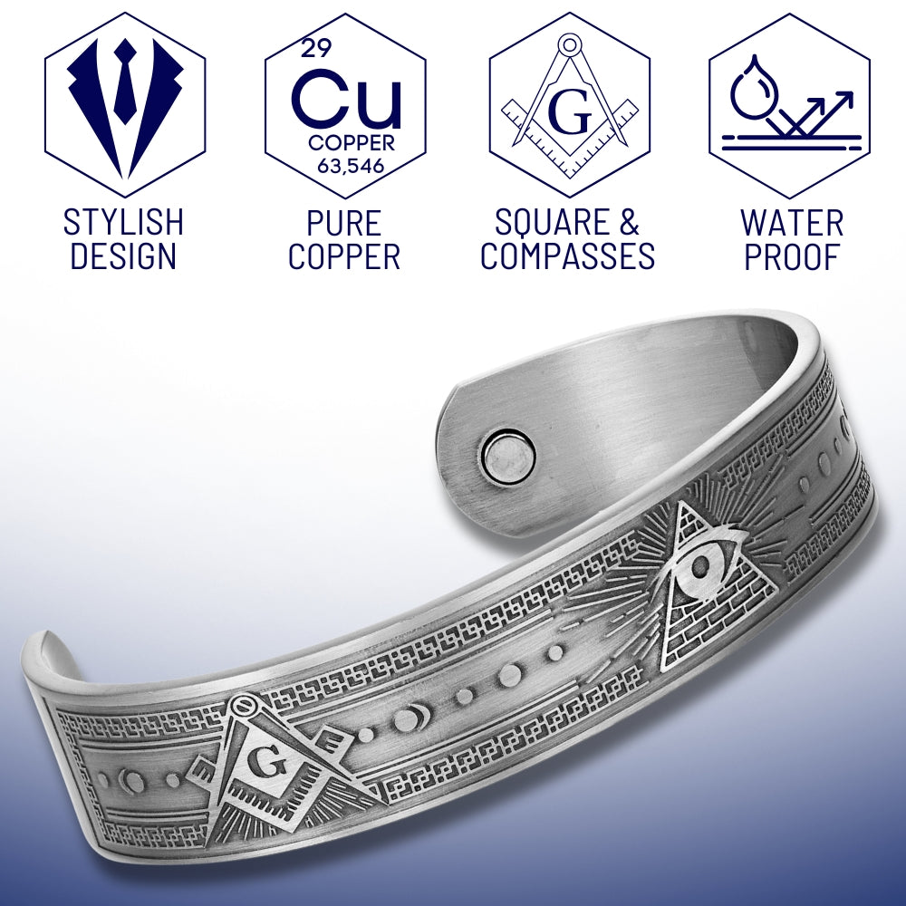 Silver Masonic Copper Magnetic Bangle – The All-Seeing Eye of Enlightenment