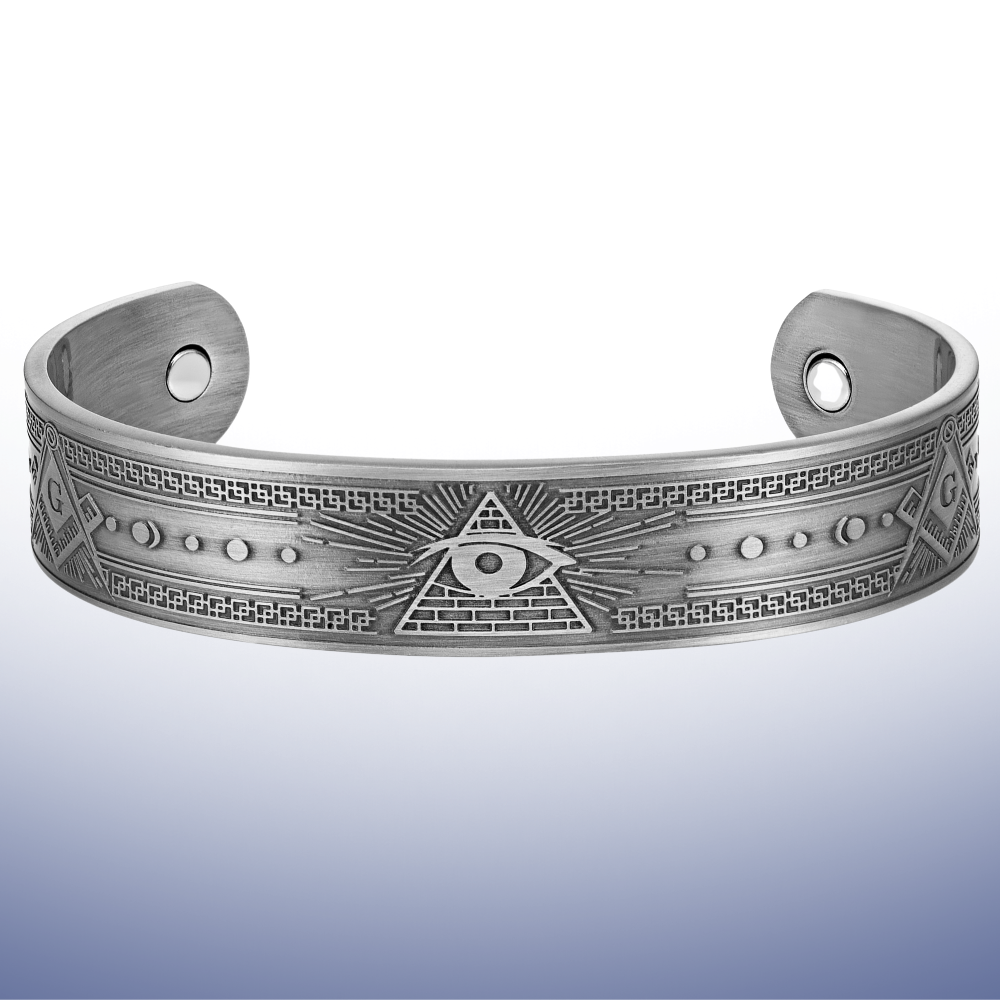 Silver Masonic copper magnetic bangle engraved with All-Seeing Eye and Square & Compasses