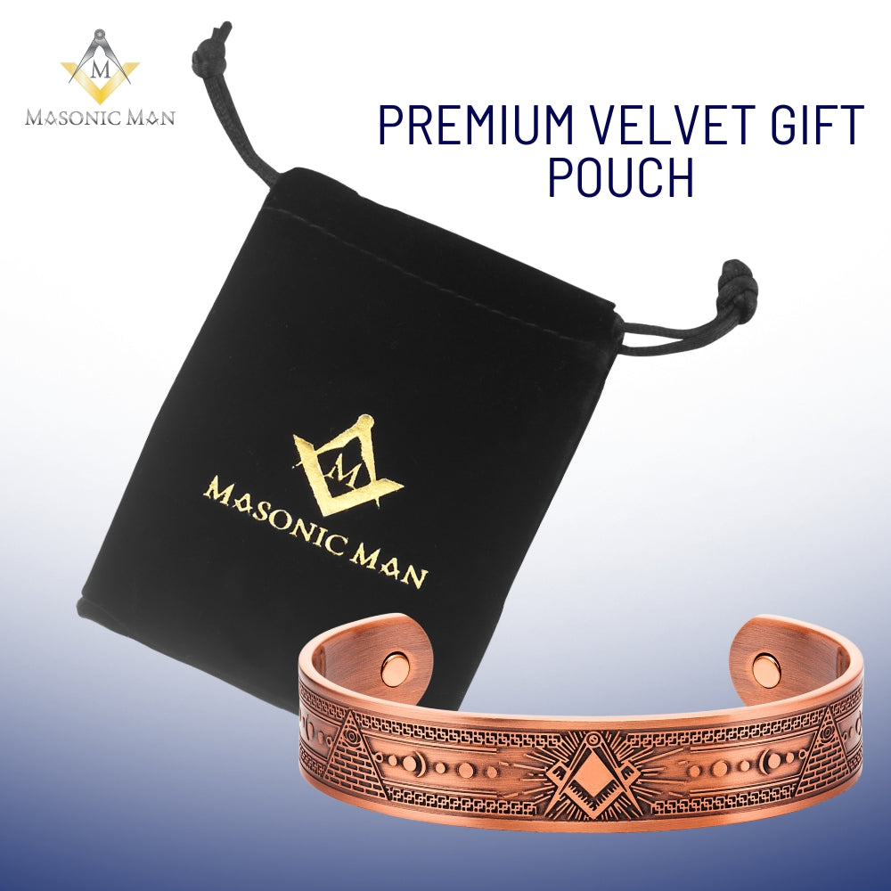 Close-up of Masonic copper bracelet showing Square and Compasses without G engraving