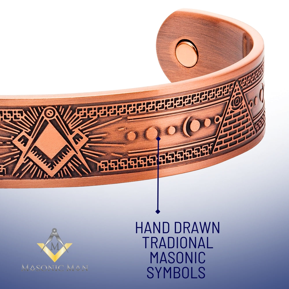 Side view of engraved copper Masonic bracelet showing craftsmanship and detail