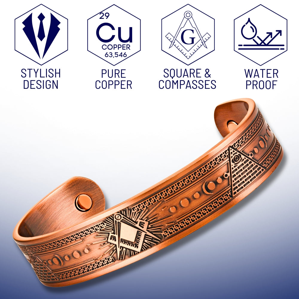 Classic Masonic Copper Bangle – Square & Compasses with Celestial Symbols