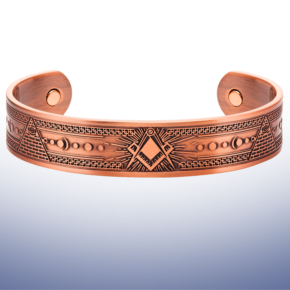 Copper Masonic bangle engraved with Square and Compasses and celestial sun and moon symbols