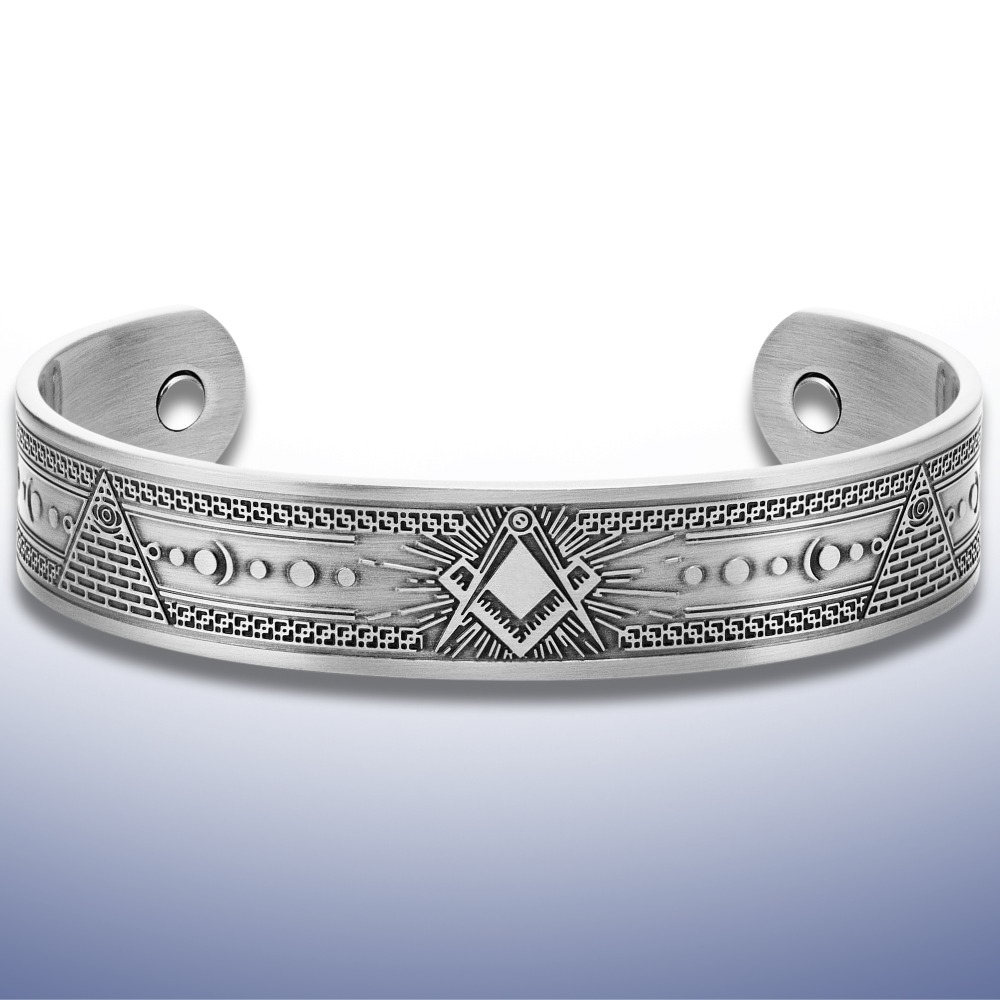 Silver Masonic bangle with Square and Compasses and celestial sun and moon engravings