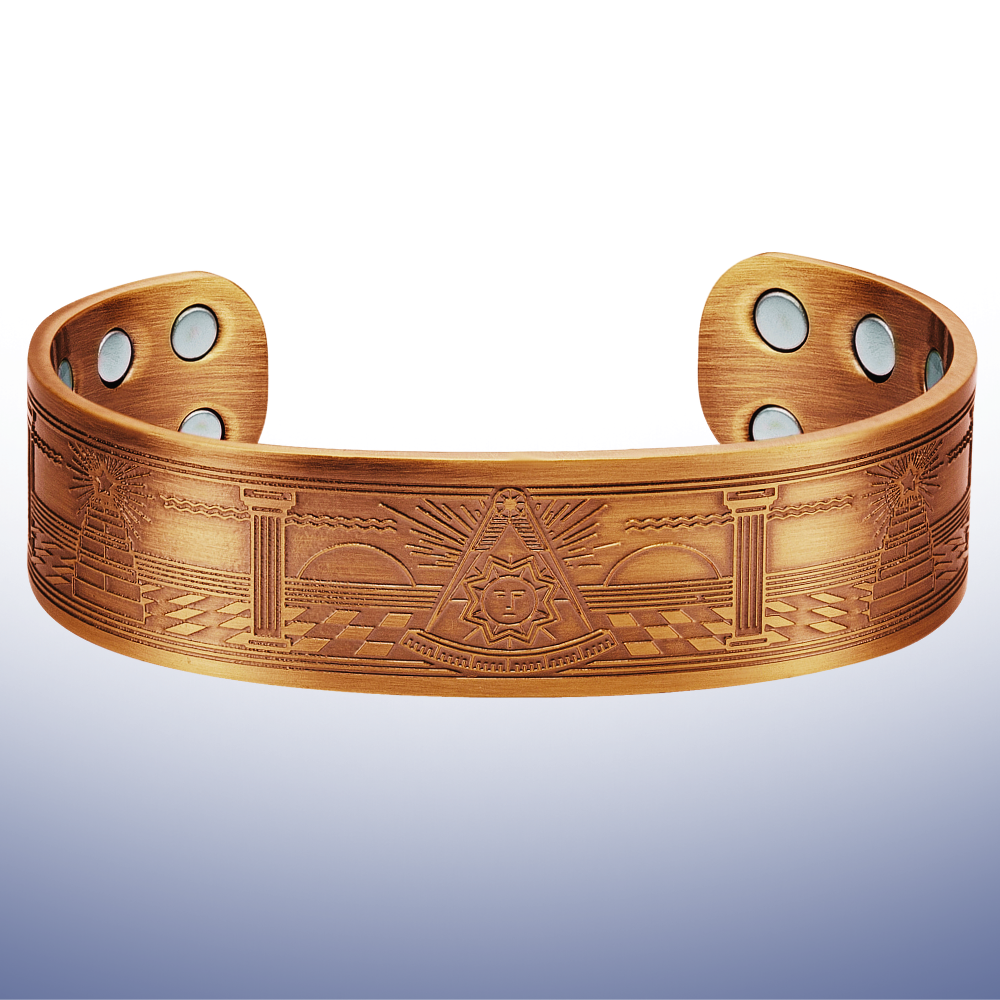 Copper Masonic Past Master magnetic bangle with engraved Sun and Square & Compasses