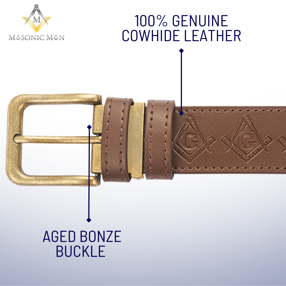 Brown Masonic leather belt embossed with Square and Compasses symbol and antique bronze buckle