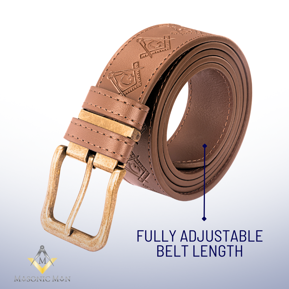 Close-up of brown Freemason belt showing detailed Masonic engravings and aged bronze buckle