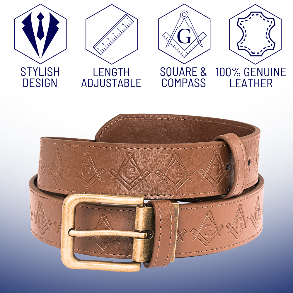 Rich brown leather Masonic belt with embossed Square and Compasses design