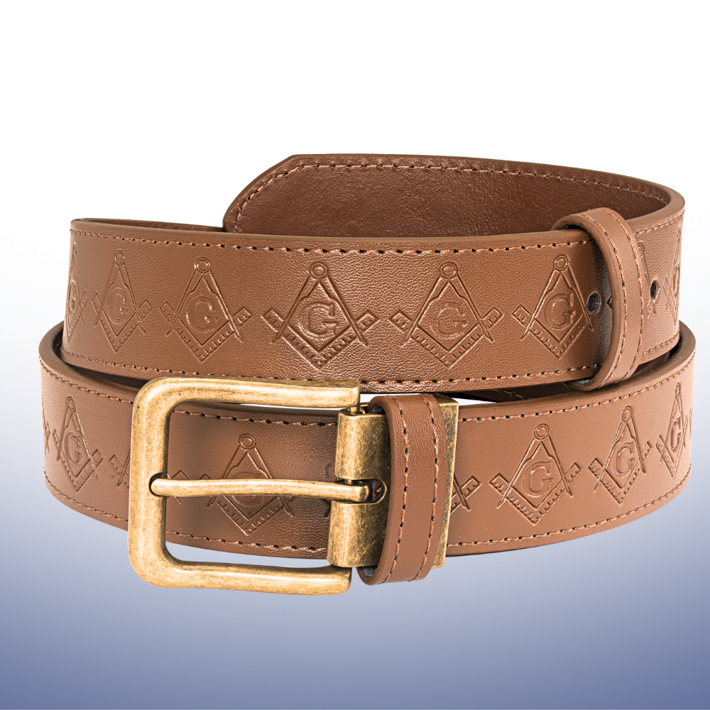 Classic brown Masonic belt featuring antique-style bronze buckle and Masonic symbolism