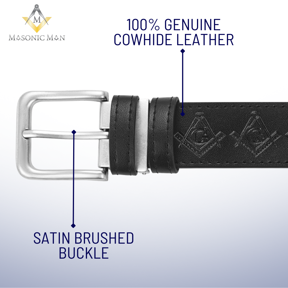 Close-up of black Freemason belt showing embossed Masonic symbols and brushed silver buckle