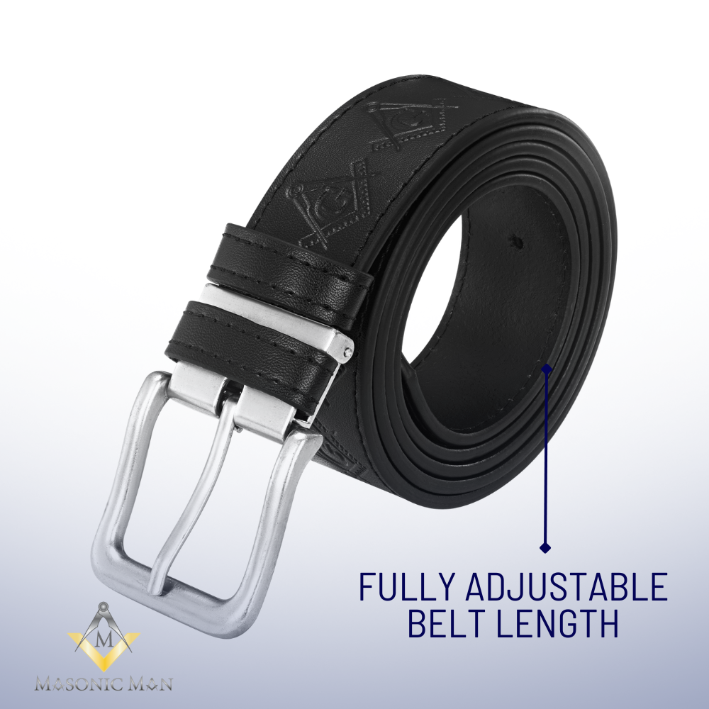 Premium black leather Masonic belt with subtle engraved Square and Compasses pattern