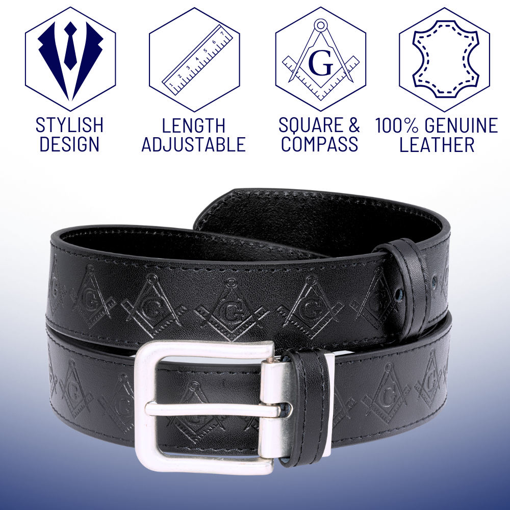 Elegant black Masonic belt crafted from genuine leather with stainless buckle detail