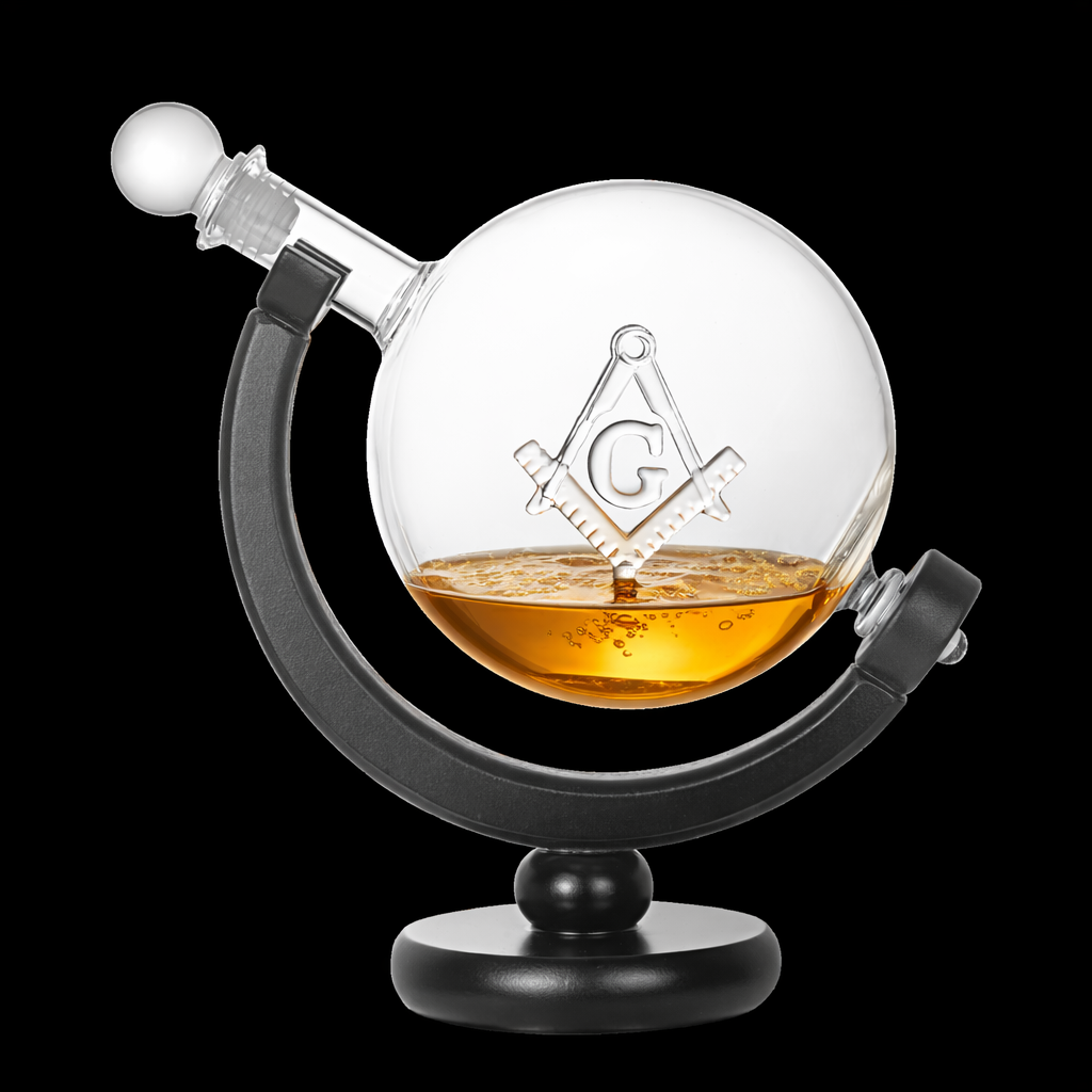 Borosilicate glass Masonic decanter featuring internal Square and Compasses design