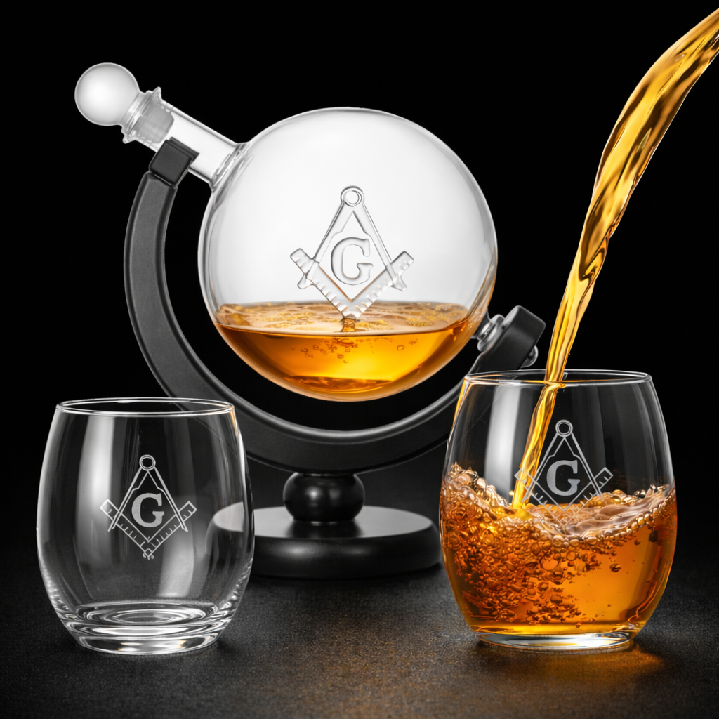 Masonic whiskey decanter with Square and Compasses glass symbol inside on black wooden stand