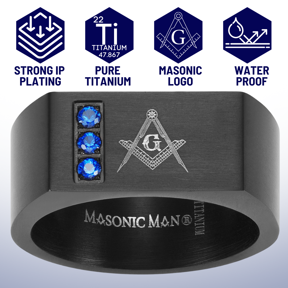 MasonicMan Titanium 9mm Ring with Square and Compass and Blue CZ