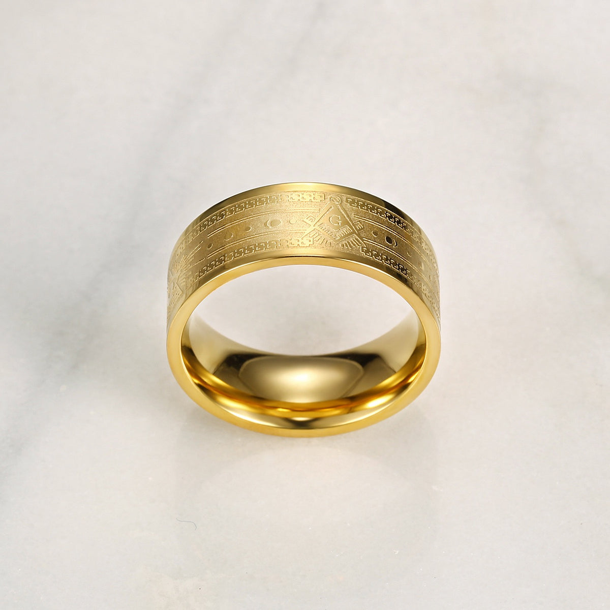 Gold Masonic Ring – Stainless Steel Band with Square &amp; Compasses and All-Seeing Eye