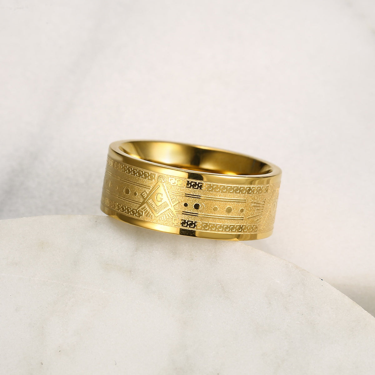 Gold Masonic Ring – Stainless Steel Band with Square &amp; Compasses and All-Seeing Eye