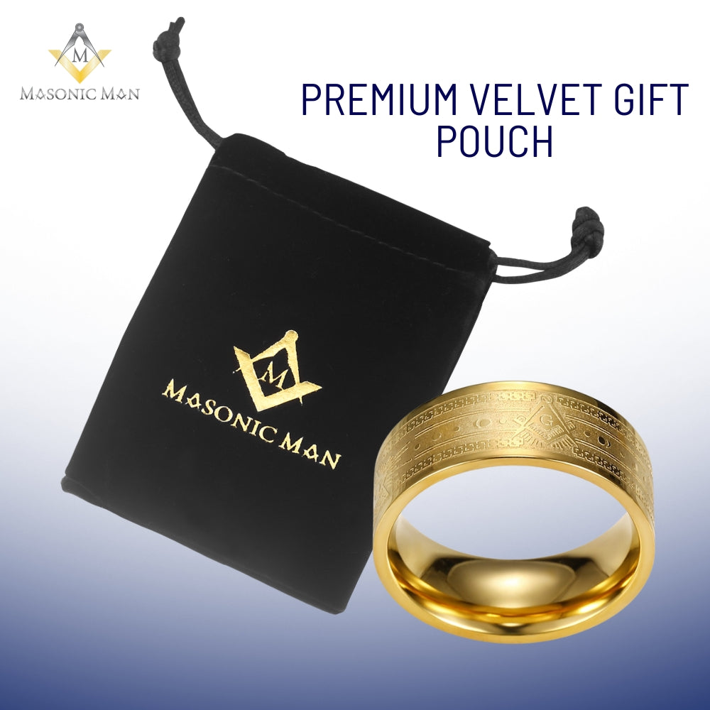 Gold Masonic Ring – Stainless Steel Band with Square &amp; Compasses and All-Seeing Eye