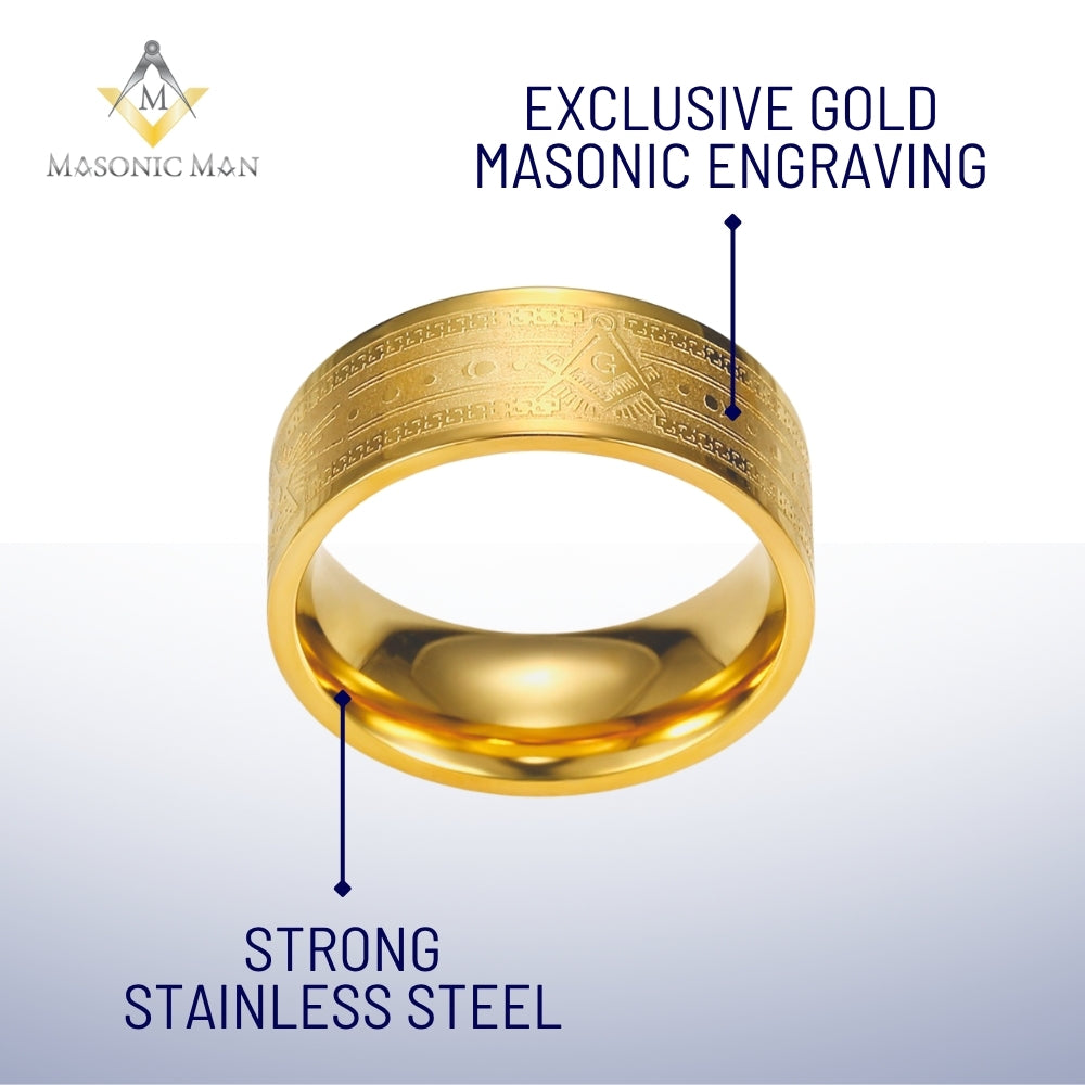 Gold Masonic Ring – Stainless Steel Band with Square &amp; Compasses and All-Seeing Eye
