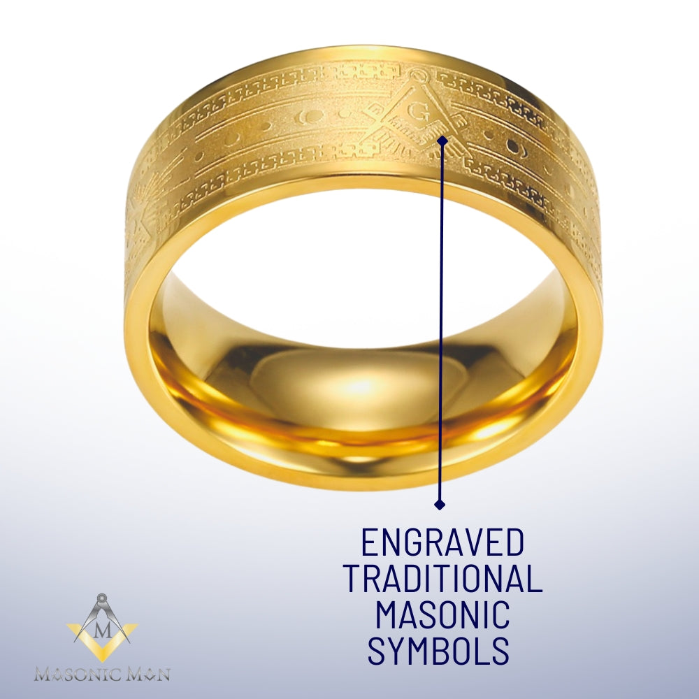 Gold Masonic Ring – Stainless Steel Band with Square &amp; Compasses and All-Seeing Eye