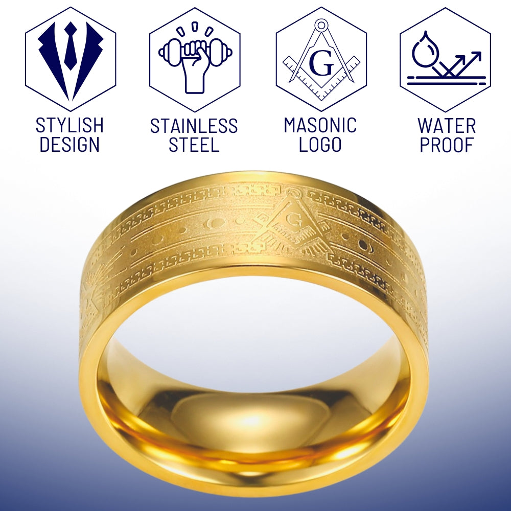 Side view of Masonic gold ring showing detailed engraving and craftsmanship