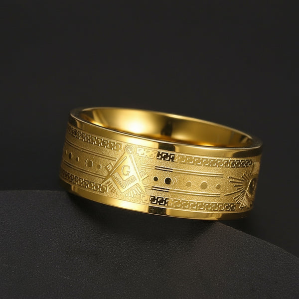 Gold stainless steel Masonic ring featuring the Square and Compasses and All-Seeing Eye symbols