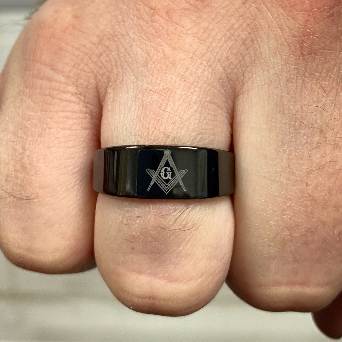 Black Tungsten Ring Engraved with Square and Compass