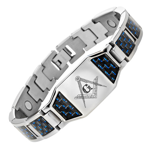 MasonicMan Titanium Magnetic Masonic Bracelet with Blue Carbon Fiber