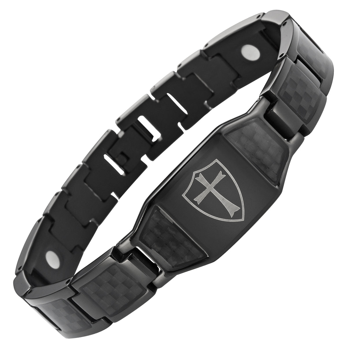 Black Titanium Bracelet with Black Carbon Fiber Knights Templar Cross Shield