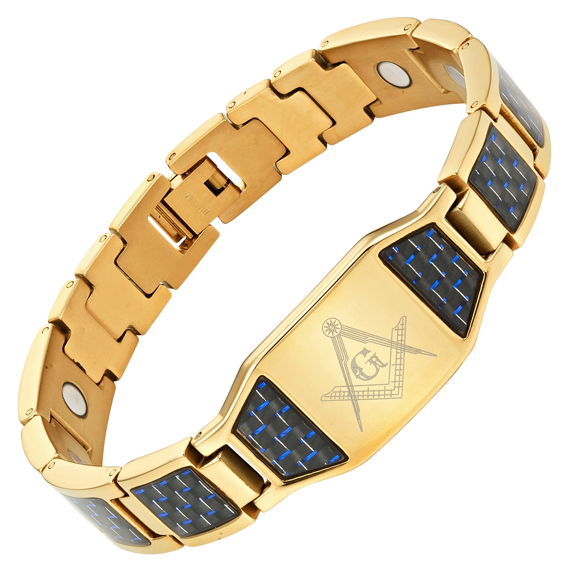 MasonicMan Gold Titanium Masonic Bracelet with Blue Carbon Fiber