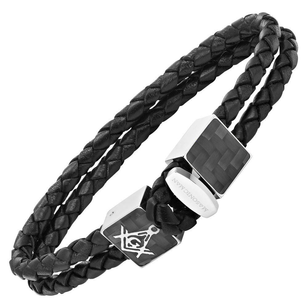 MasonicMan Leather and Stainless Steel Bracelet with Black Carbon Fiber