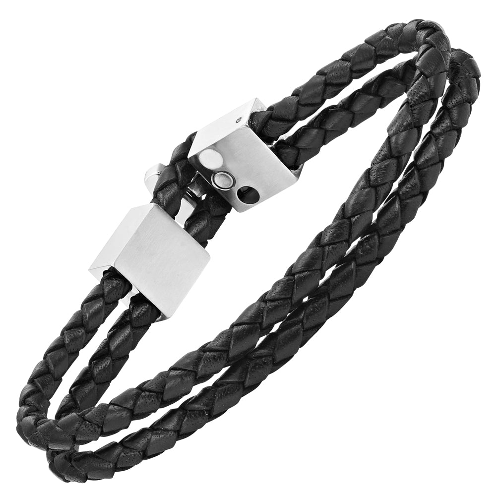 MasonicMan Leather and Stainless Steel Bracelet with Black Carbon Fiber