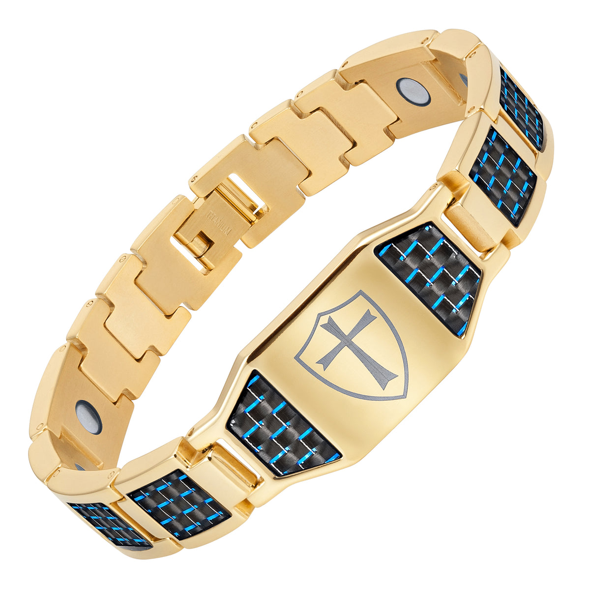Gold Titanium Bracelet with Blue Carbon Fiber Knights Templar Cross Shield