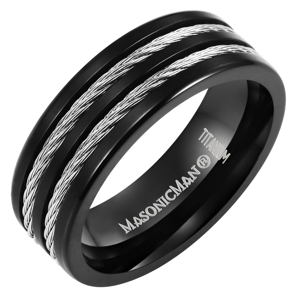 Titanium Masonic Ring Engraved Latin with Rope