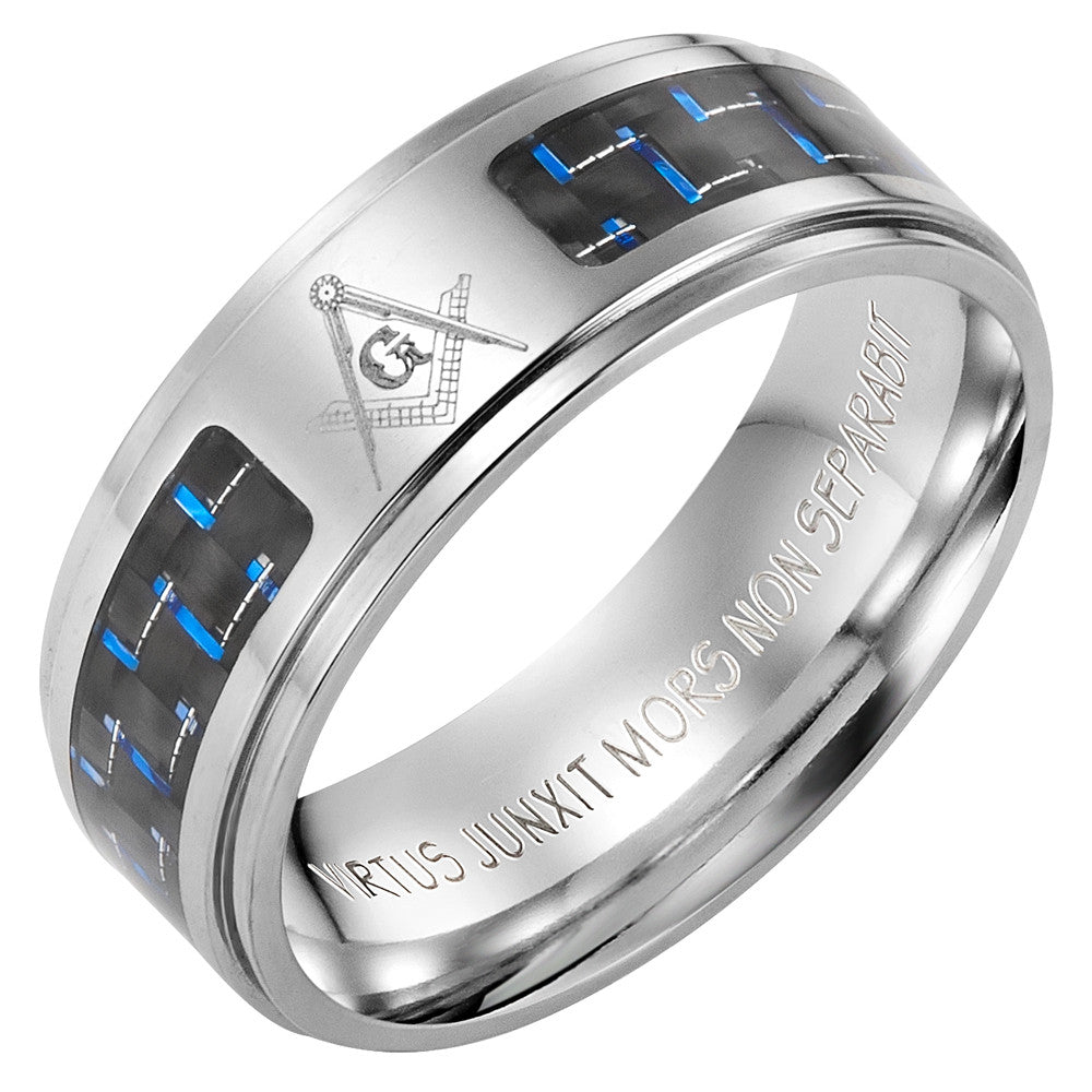 Titanium Ring with Latin Engraving With Blue Carbon Fiber