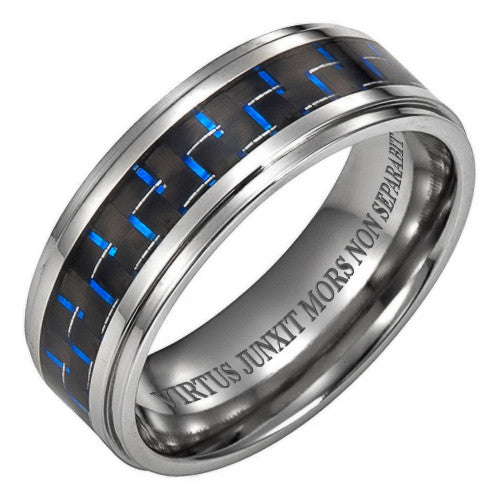 Titanium Ring with Latin Engraving With Blue Carbon Fiber