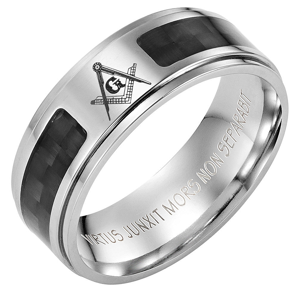 Titanium Masonic Ring with Latin Engraving and Carbon Fiber