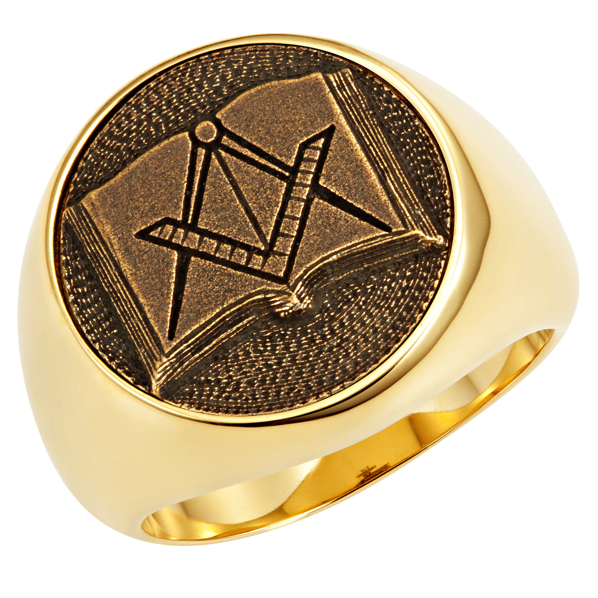 Stainless Steel Masonic Ring with Emblem and Open Bible - Gold Color