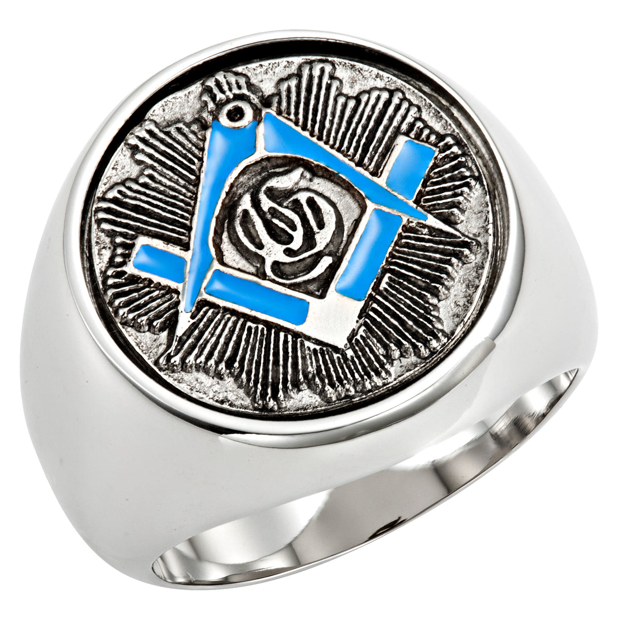 Stainless Steel Masonic Ring with Blue Square and Compass in Gift Pouch