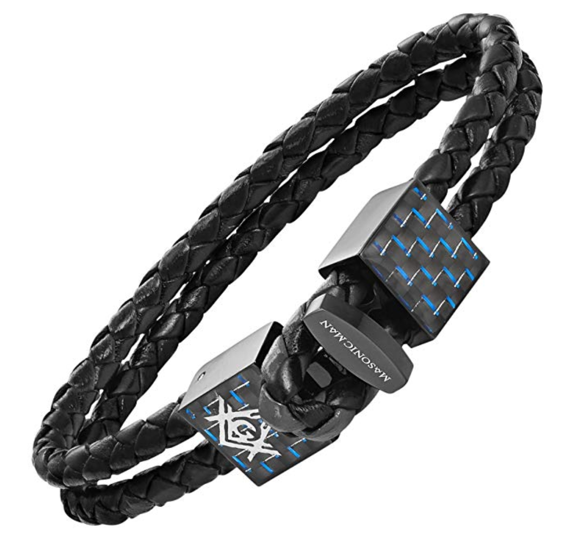 MasonicMan Leather and Stainless Steel Bracelet with Blue Carbon Fiber